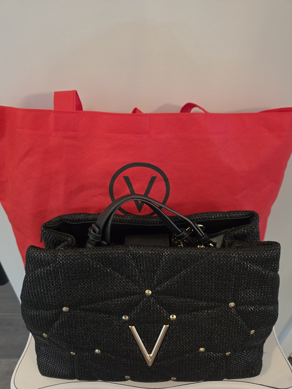 Mario Valentino Black Quilted Tote with Gold Accents